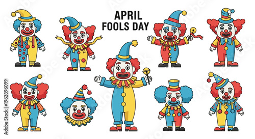 Colorful clown illustrations for April Fools' Day design, showcasing various playful prank concepts on a clean white background.
