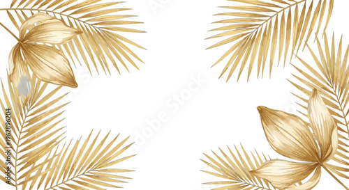 Golden palm leaves and flowers arranged on a white background