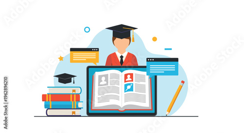 Online student recruitment or academic database concept with a laptop screen showing an open directory of graduates and study materials.