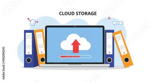 Digital archiving and cloud storage solution concept featuring a laptop with an upload interface nestled between several thick office binders.