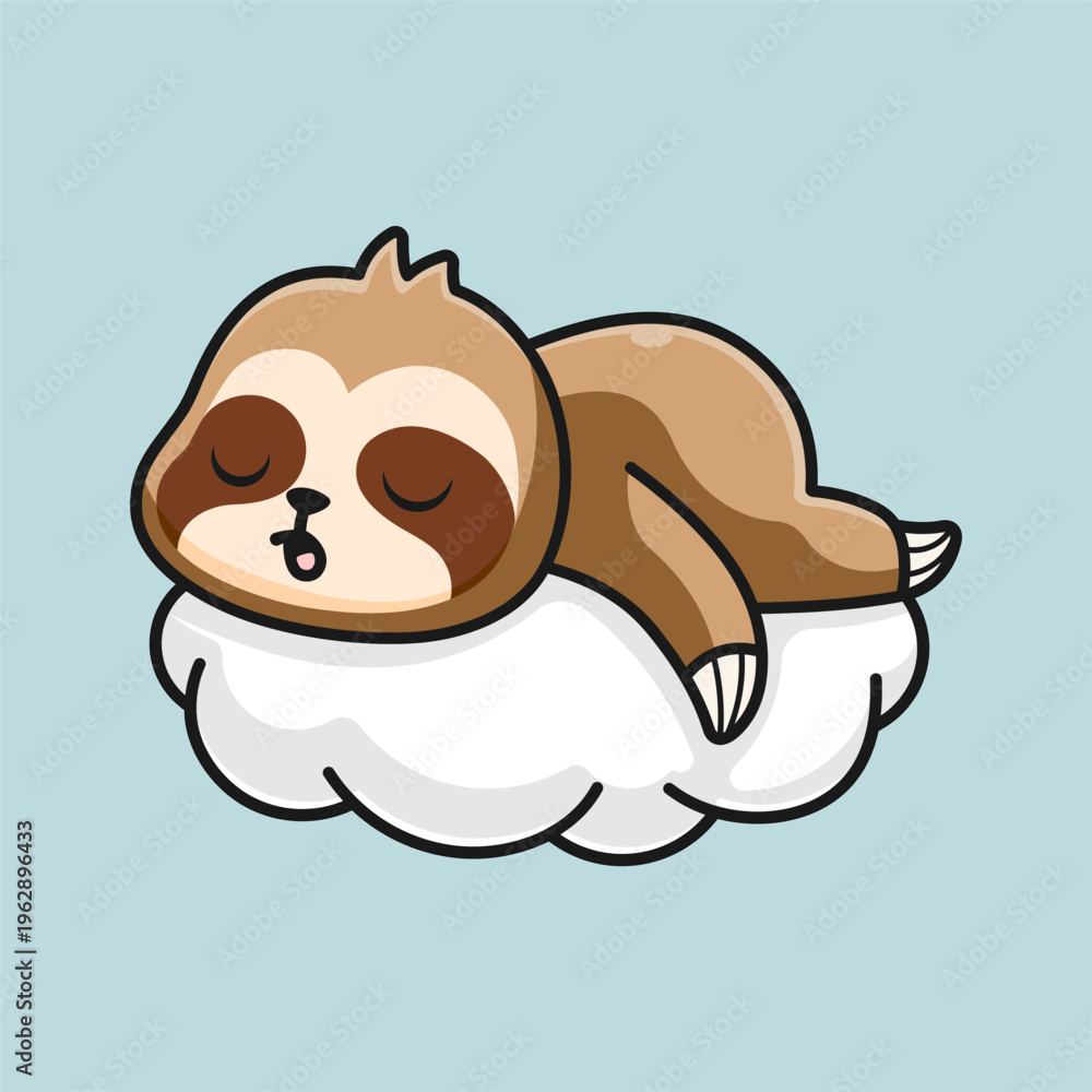 Naklejka premium Cute Sloth Sleeping on Cloud Cartoon Illustration, Adorable Lazy Animal Mascot Design