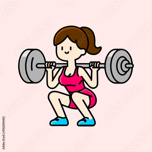 Woman Lifting Barbell Cartoon Illustration, Female Fitness Workout Strength Training Character