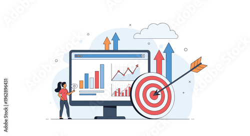 Professional woman analyzes business data on a large monitor with growth charts and a target with an arrow hitting the bullseye.