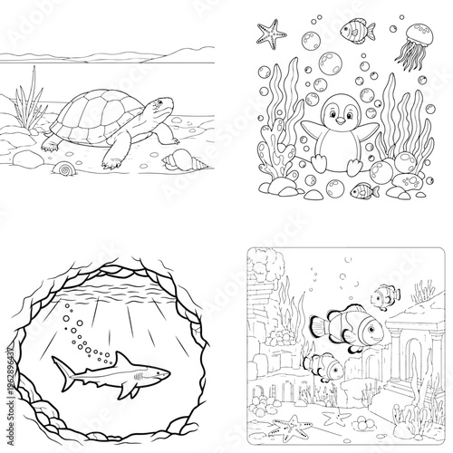 Marine animal coloring page bundle featuring shark sea turtle and tropical reef fish line art outlines