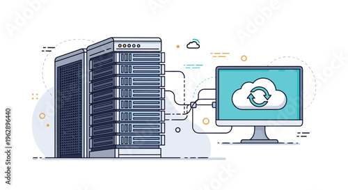 Powerful server rack connected to a computer monitor displaying a cloud synchronization icon for secure data backup and storage.