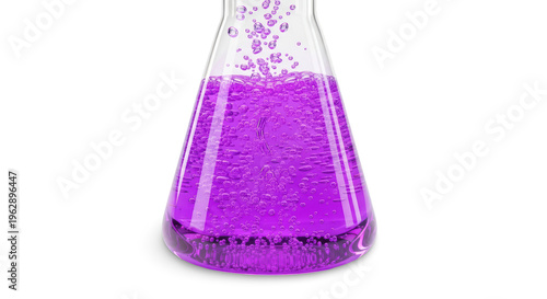 Laboratory flask with purple bubbling liquid isolated on transparent background