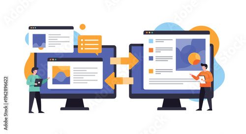 File transfer and data synchronization between two computer monitors with people managing documents and digital content sharing.