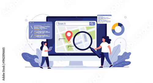 Online map search on a computer screen allows users to find locations with a magnifying glass and pinpoint specific destinations.