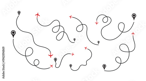 Airplane dotted route line set. Line with plane icon for travel and flight trip, air map. Vector illustration isolated on white background