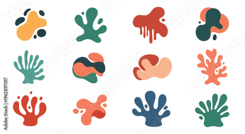 Vibrant abstract shapes in various colors and organic forms arranged in rows on a neutral space for design inspiration