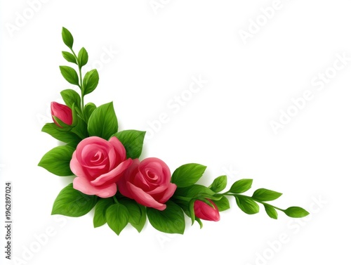Elegant Pink Roses with Lush Green Leaves on a Clean White Background for Floral Design and Decoration Purposes