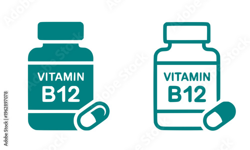 Vitamin B12 supplement bottle icon set in teal, filled and outline style with capsule pills for healthcare, nutrition, pharmacy, and medical label design elements
