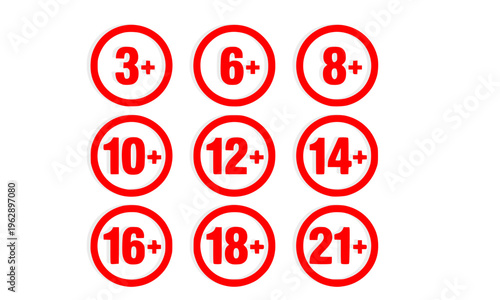 Age restriction rating icon set with red circle badges showing 3, 6, 8, 10, 12, 14, 16, 18, and 21 plus symbols for content classification and media rating design