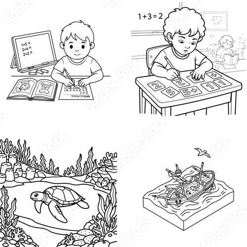 Children studying, sea turtle in pond, and shipwreck with treasure coloring book art