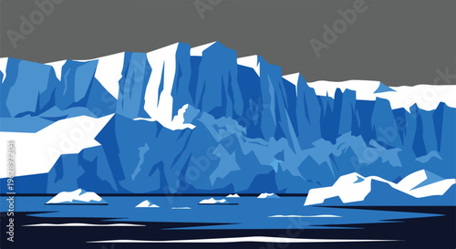 A geometric illustration of an icy mountain range above the ocean