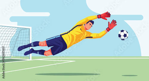 A goalkeeper dives to block a soccer ball in a match