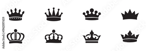 Black crown icon set. Collection different crown sign, silhouette crown symbol. 