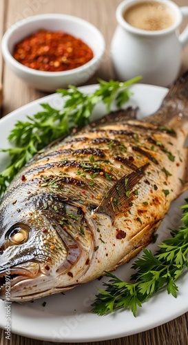 Grilled Sea Bream with Herbs and Sauce on a White Plate.