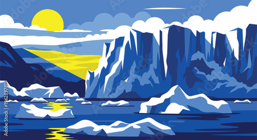 A geometric illustration of icebergs floating on blue water beneath a yellow sun