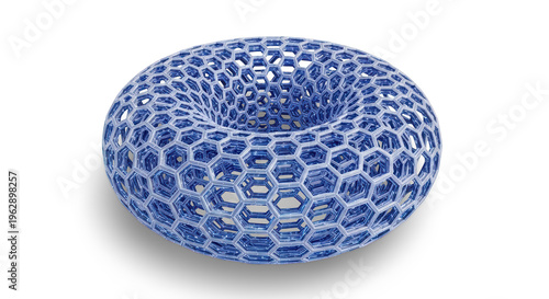 3d blue hexagonal mesh donut shape geometric pattern isolated on transparent background