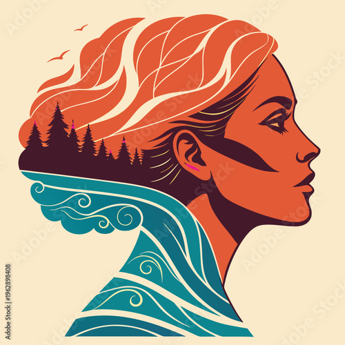 Elegant portrait of a woman with flowing hair adorned in a golden crown against a vibrant gradient backdrop