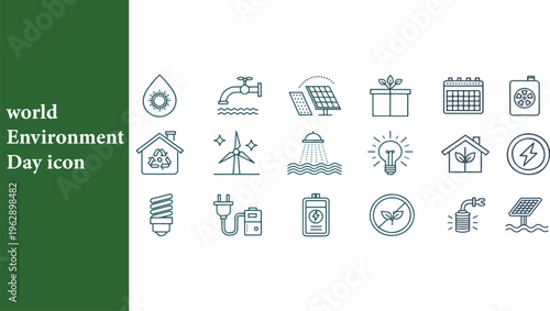 A comprehensive collection of diverse environmental and ecological line art world environment day  icons symbolizing sustainable living practices and renewable energy sources 
