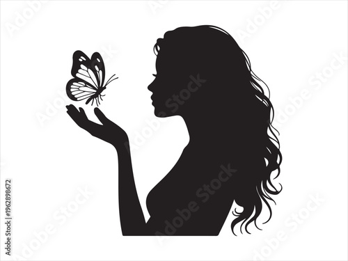 Quadro su tela A beautiful black silhouette of a woman with long wavy hair reaching out to a de