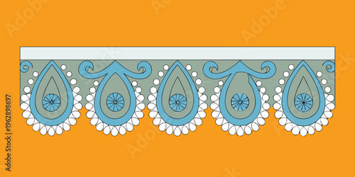 Elegant turquoise and white embroidered fabric border featuring symmetrical floral and teardrop motifs against bright backdrop
