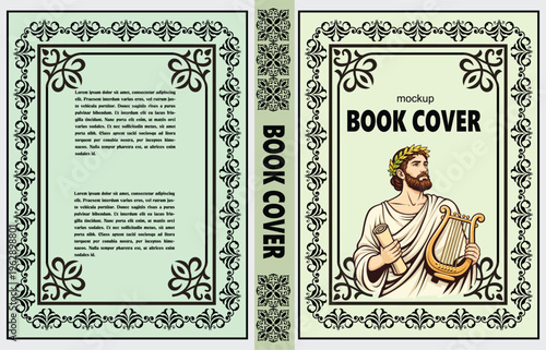 076-25-Book cover mockup with ancient greek poet holding a lyre and scroll, framed by classic ornament