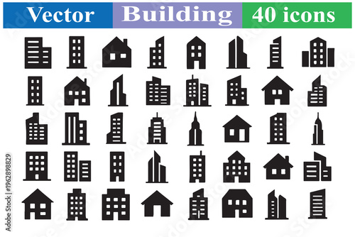 Comprehensive set of 40 building and house glyph icons featuring modern skyscrapers, residential apartments, and urban architecture symbols