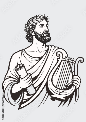 076-26-Ancient greek man wearing a toga and laurel wreath holding a lyre and a scroll