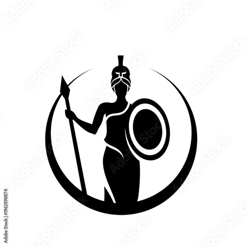 Ancient Greek Female Warrior Goddess Silhouette with Spartan Helmet, Spear, and Shield Emblem