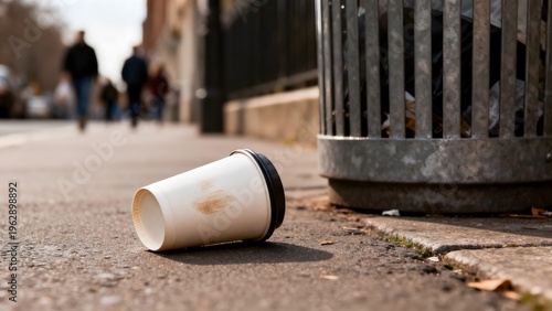 Disposable Coffee Cup Littering Road Near Dustbin, Human Carelessness