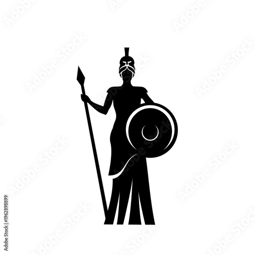 Black silhouette of ancient Greek warrior woman with spear and shield icon