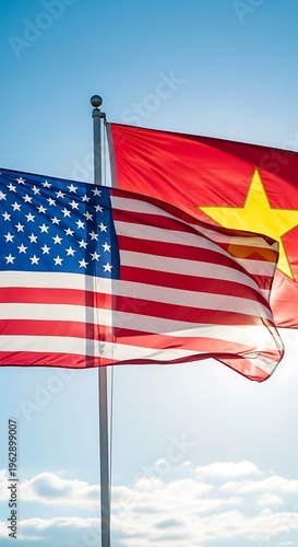 United States and Vietnam Flags Waving Together in the Sky.