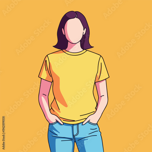 A faceless woman stands in simple casual wear on an orange background