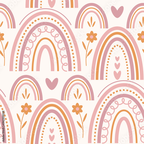Seamless boho rainbow pattern with hearts and flowers in pastel tones