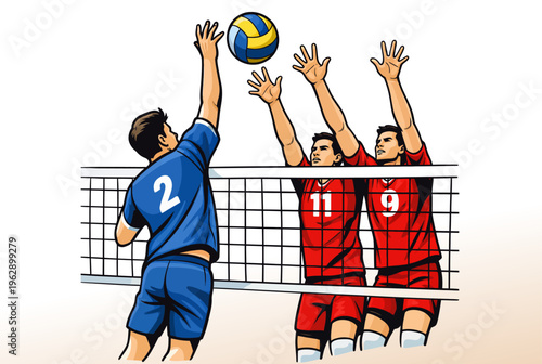 076-31-Volleyball player spiking ball over net while opponents blocking