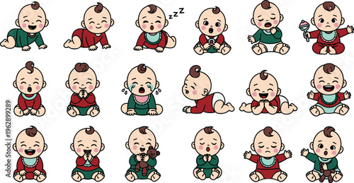 Set of cute baby character illustrations showing different activities