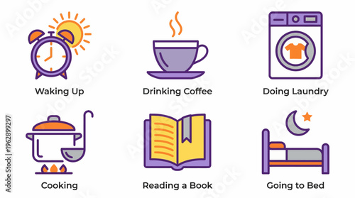 A colorful infographic illustrating daily routine activities at home