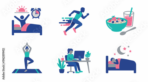 A vibrant illustration showcasing a daily routine of healthy habits and wellness activities