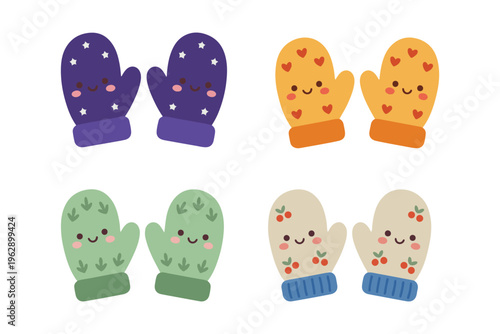 Set of cute winter mittens with patterns, colorful gloves for cold weather, flat vector illustration for winter holidays