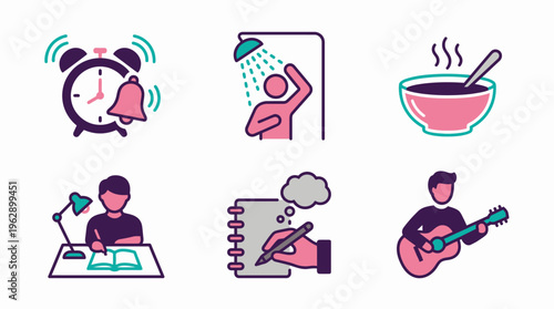 A colorful illustration of daily morning routine activities