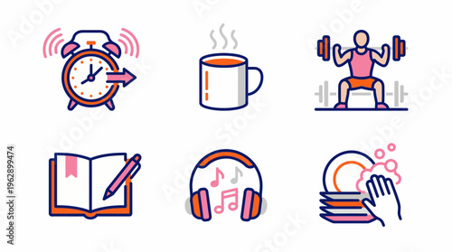 A colorful illustration of daily routine icons on a white background