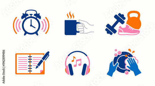 A colorful illustration of various daily routine icons on a white background