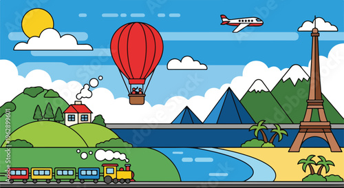 A colorful cartoon scene depicts travel by air, land, and water