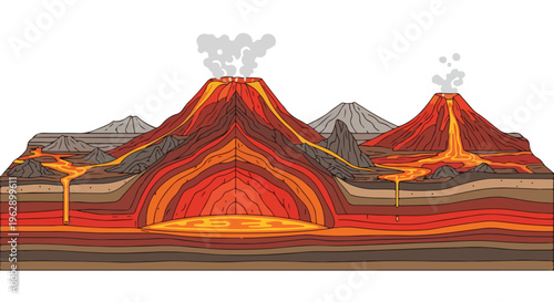 A cross-section diagram showing volcano eruptions with red lava