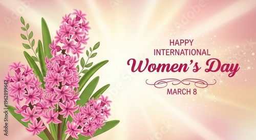 A vibrant graphic celebrates International Women’s Day. A cluster of pink hyacinths with green stems and leaves is prominently displayed.