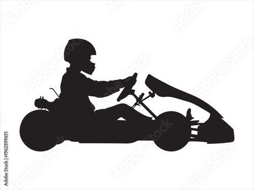 A black silhouette illustration of a person driving a go kart wearing a protective racing helmet Vector, illustration