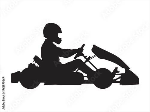 A black silhouette illustration of a person driving a go kart wearing a protective racing helmet Vector, illustration